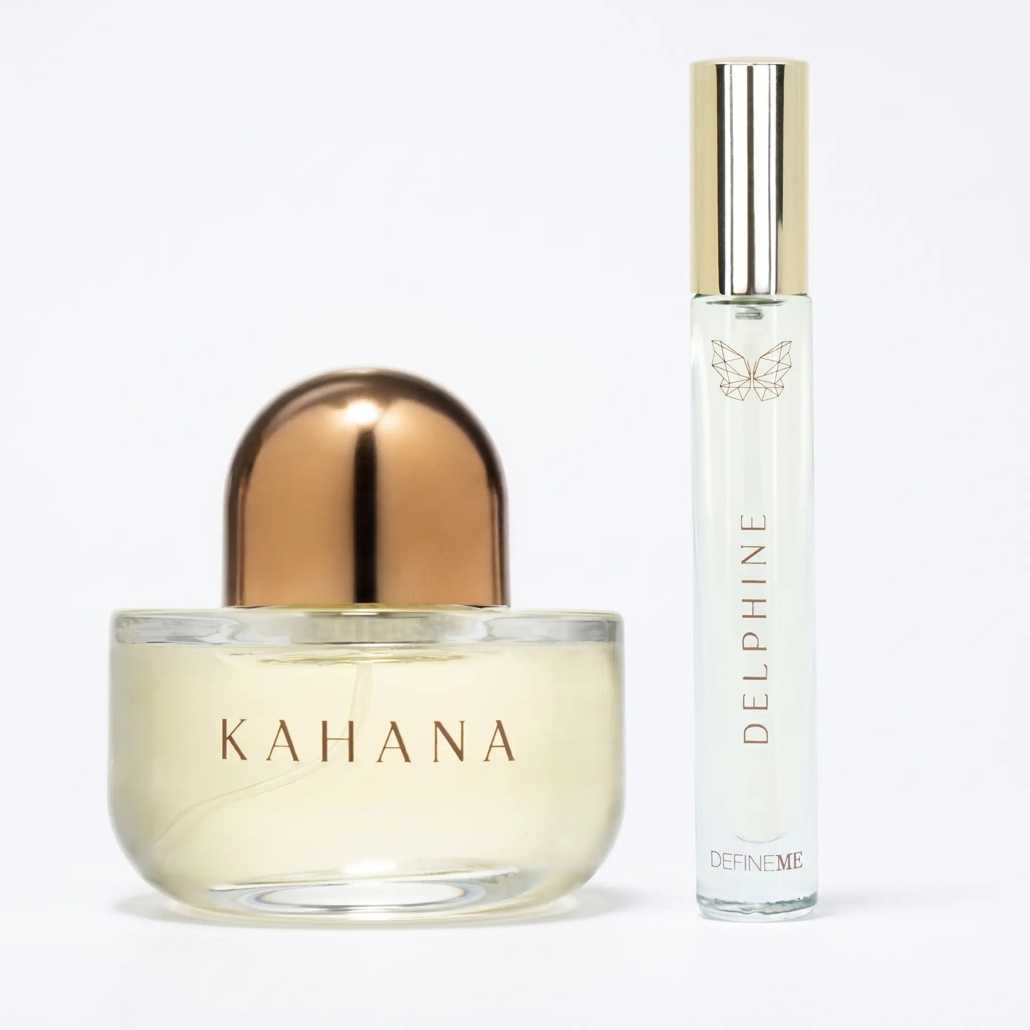Two perfume bottles from DefineMe, one labeled 'Kahana' and the other 'Delphine', on a white background.